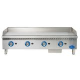 The Globe GG48G is a 48 inch gas countertop griddle featuring four blue control knobs, raised side and back splashes, sturdy metal legs, and a removable grease tray. The stainless steel build and branded blue label add to its professional look.
