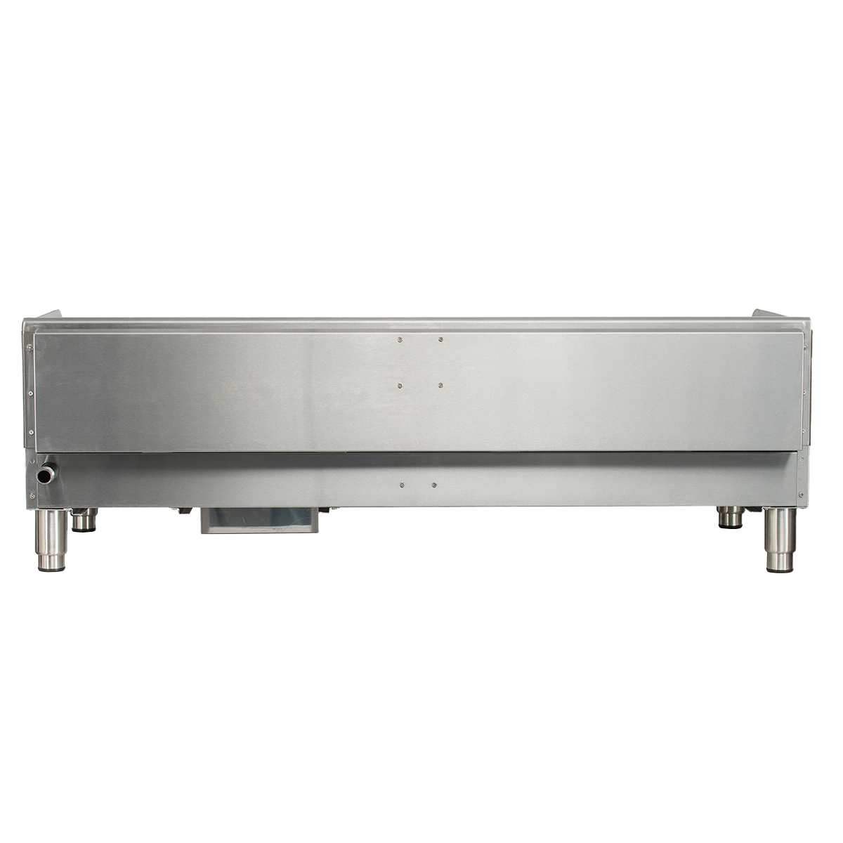 A large, rectangular stainless steel industrial appliance, like the Globe GG48G 48 inch gas countertop griddle, with four short cylindrical legs and a smooth metallic surface, giving a clean and utilitarian appearance.