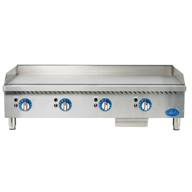 A commercial stainless steel 48 inch gas countertop griddle with four blue thermostatic controls, a smooth cooking surface, raised back and side splashes, and a front grease trough. The Globe brand label appears on the lower right corner.