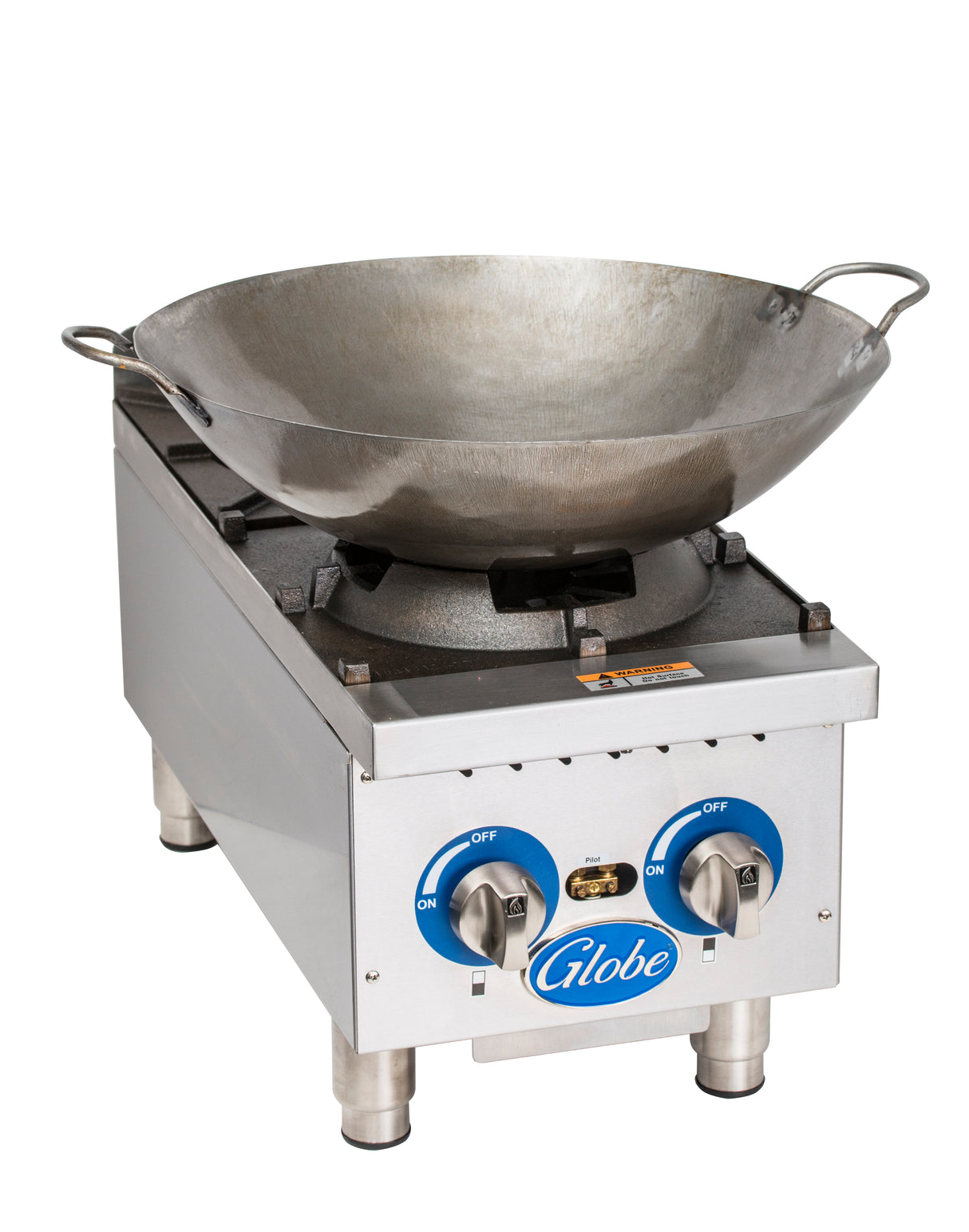 A large steel wok with handles sits on a stainless steel gas countertop burner. The burner, labeled “Globe,” features two blue control knobs and powerful cast iron burners. A plain white background highlights the cooking equipment.