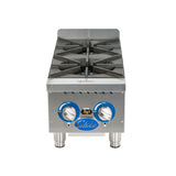 Front view of a commercial gas countertop hotplate with two large cast iron burners, blue and silver control knobs labeled “ON” and “OFF,” the brand name “Globe” below, and four short sturdy legs.