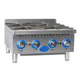 A commercial stainless steel Globe GHP24G gas countertop hotplate with four cast iron burners, blue “ON/OFF” control knobs, a Globe logo on the front, and sturdy metal legs. Features a modern, industrial design and durable cast iron grates.