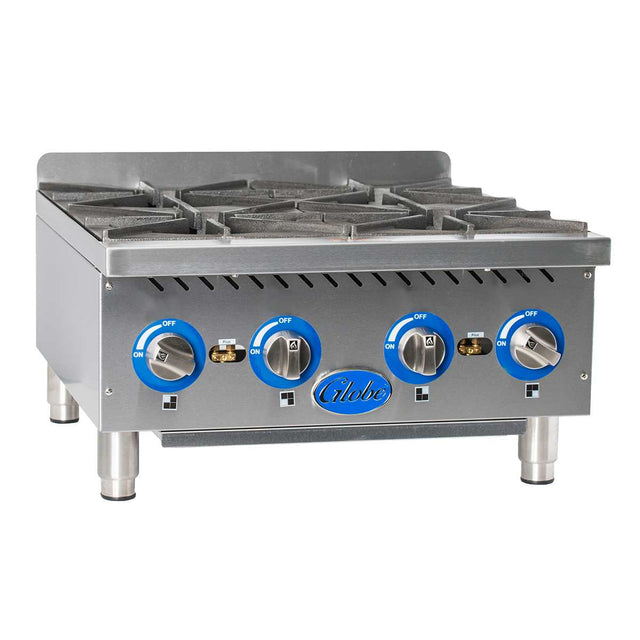 A commercial stainless steel Globe GHP24G gas countertop hotplate with four cast iron burners, blue “ON/OFF” control knobs, a Globe logo on the front, and sturdy metal legs. Features a modern, industrial design and durable cast iron grates.