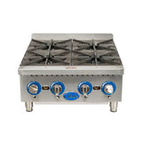 A commercial stainless steel Globe GHP24G gas countertop hotplate features four cast iron burners, blue control knobs, and the Globe brand on the front. The unit stands on sturdy legs and is photographed against a plain white background.
