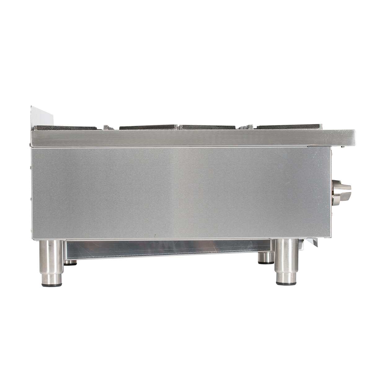 A stainless steel Globe GHP24G gas countertop hotplate viewed from the side, showing four sturdy legs, a metal exterior, and a control knob on the right. Cast iron burners and burner grates are visible on top, with no pots or additional objects present.