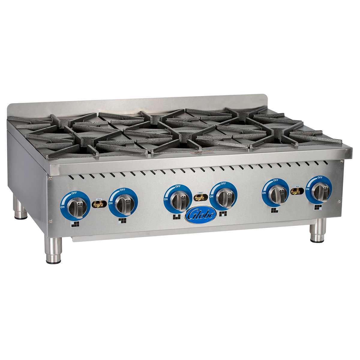 A stainless steel Globe GHP36G gas countertop hotplate with six black cast iron burners, blue and black control knobs, and a metallic backsplash. The 6 burner hotplate sits on short, sturdy legs with the brand name “Globe” on the front panel.
