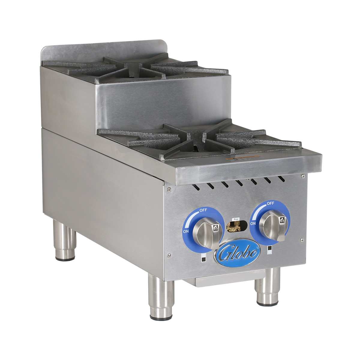 A stainless steel countertop gas hotplate with two large cast iron burners delivering 60,000 BTU, blue control knobs on the front, vent holes above the knobs, and four sturdy metal legs. The Globe brand name is visible between the knobs.