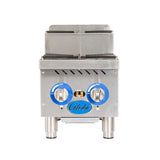 A stainless steel commercial hotplate burner with two black cast iron grates, two silver and blue control knobs marked “ON” and “OFF,” a small ignition window, and the word “Globe” in blue—delivering powerful 60,000 BTU performance.