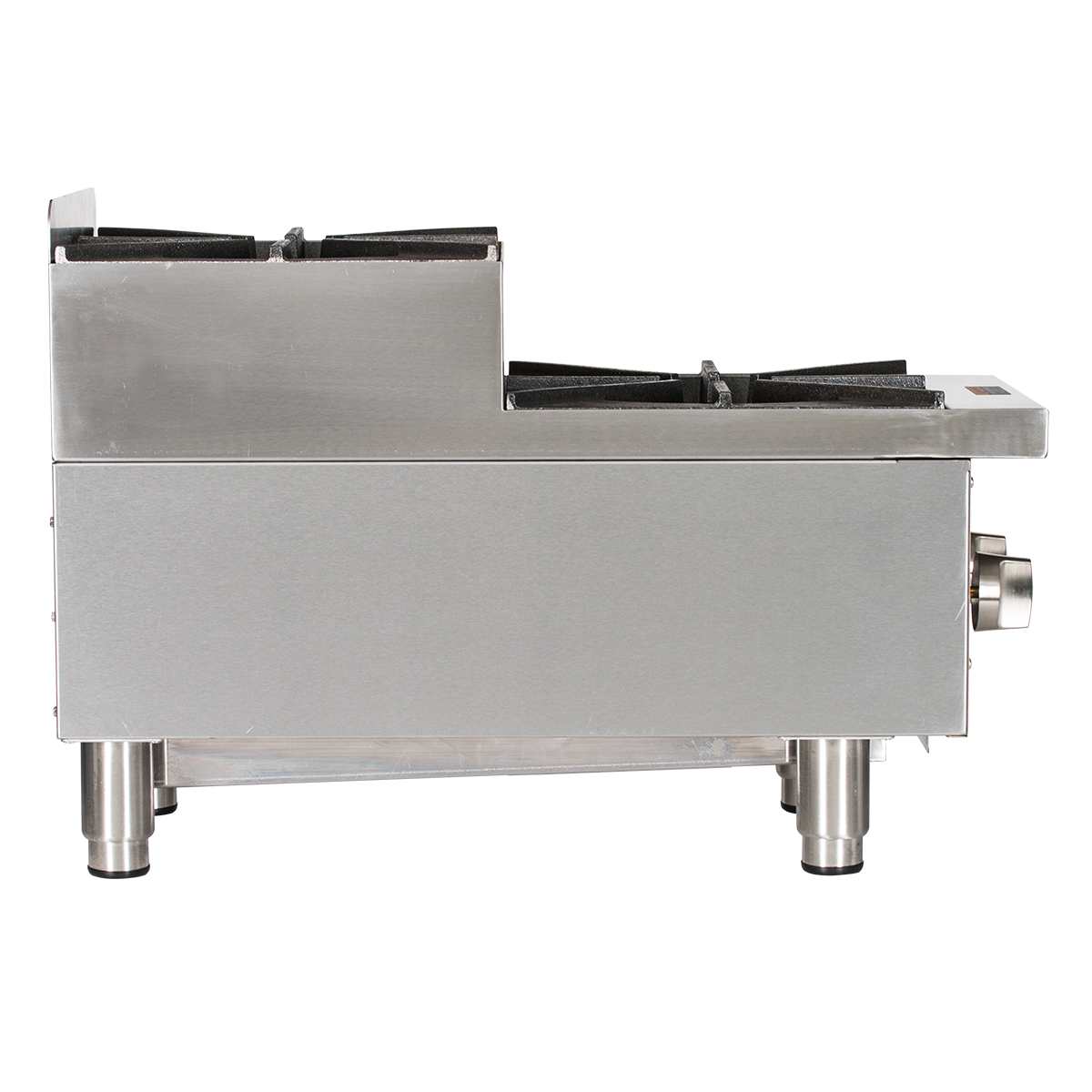 A stainless steel 60 gas countertop hotplate with two burners, shown from the side. The range has four sturdy metal legs, a control knob on the right, and a raised back section—perfect for any professional kitchen.