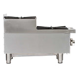 A stainless steel 60 gas countertop hotplate with two burners, shown from the side. The range has four sturdy metal legs, a control knob on the right, and a raised back section—perfect for any professional kitchen.