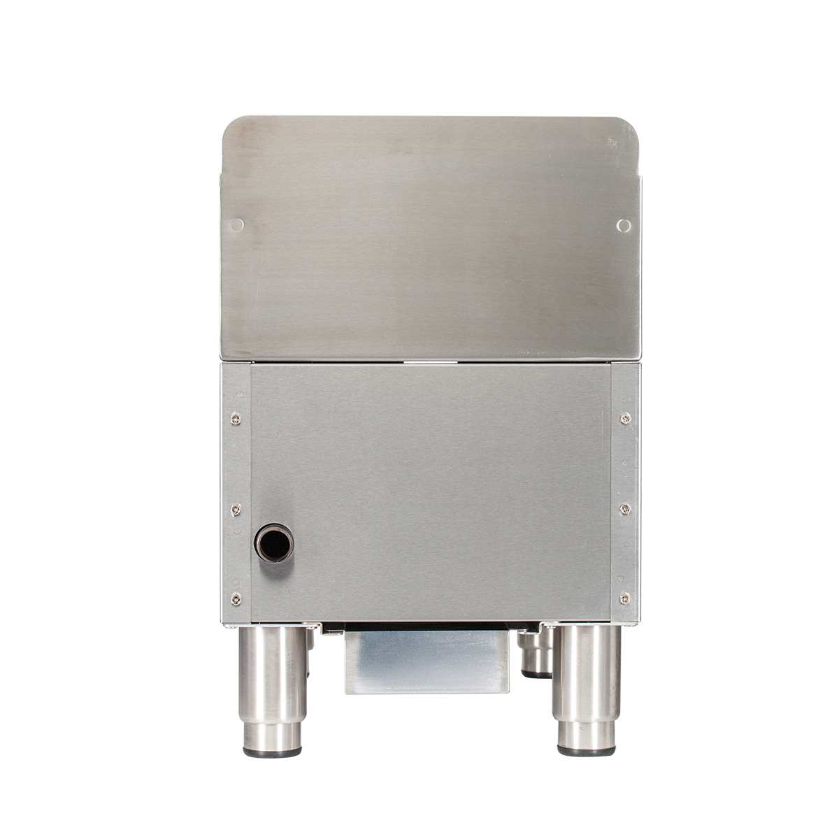 A stainless steel industrial hotplate with a rectangular shape, smooth front surface, and four short cylindrical legs. A circular port is visible on the left side, and the top section features a brushed metal finish, supporting up to 60,000 BTU.