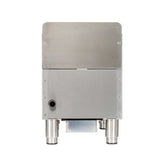 A stainless steel industrial hotplate with a rectangular shape, smooth front surface, and four short cylindrical legs. A circular port is visible on the left side, and the top section features a brushed metal finish, supporting up to 60,000 BTU.