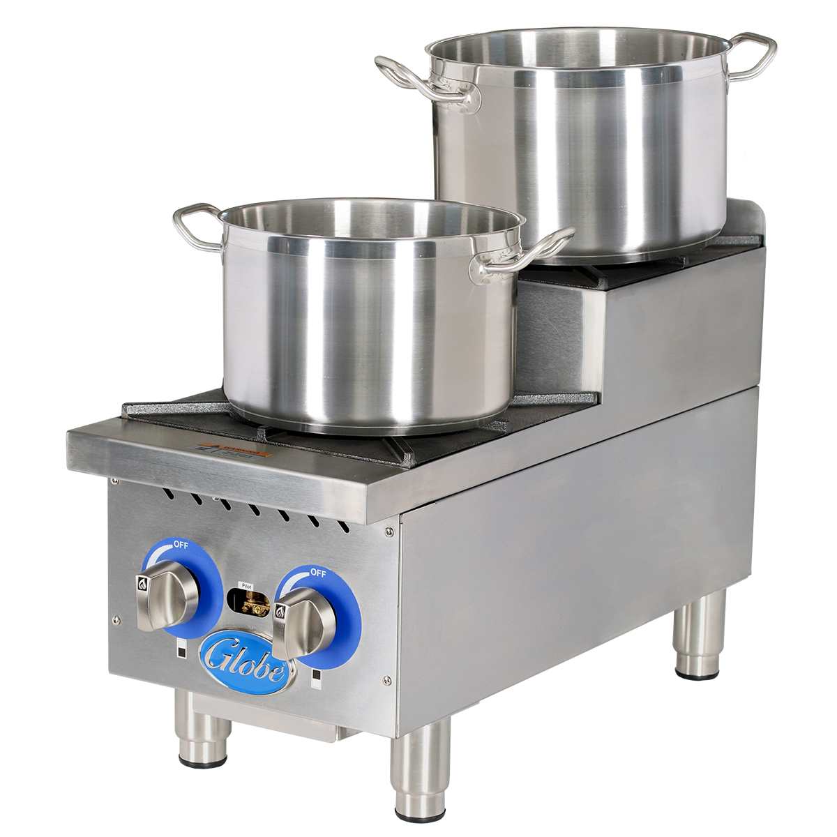 A stainless steel commercial double burner hotplate with two large silver pots on top, each with handles. The front features two blue control knobs, a silver "Globe" logo, and boasts 60,000 BTU power in a clean, industrial design on four sturdy legs.