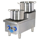 A stainless steel commercial double burner hotplate with two large silver pots on top, each with handles. The front features two blue control knobs, a silver "Globe" logo, and boasts 60,000 BTU power in a clean, industrial design on four sturdy legs.