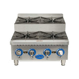 A commercial stainless steel gas countertop hotplate with four black cast iron open burners, blue and silver control knobs, and short metal legs. The front panel features the “Globe” logo at the center. Burners are arranged in two rows of two.