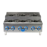 A commercial stainless steel gas countertop hotplate with six burners, each featuring a black cast iron grate and blue control knob. The front panel displays the Globe logo, and the 36 inch hotplate stands on four sturdy metallic legs.