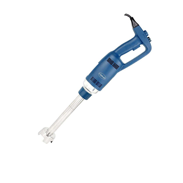 A blue handheld Immersion Blender with a removable stainless steel shaft and blade attachment, featuring a handle with trigger, variable speed control, and black power cord. The blender is angled diagonally on a white background.