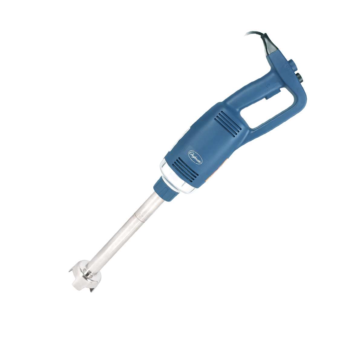 A blue and silver Immersion Blender with a 14" stainless steel shaft, variable speed control, sturdy handle, and black power cord is shown against a white background.