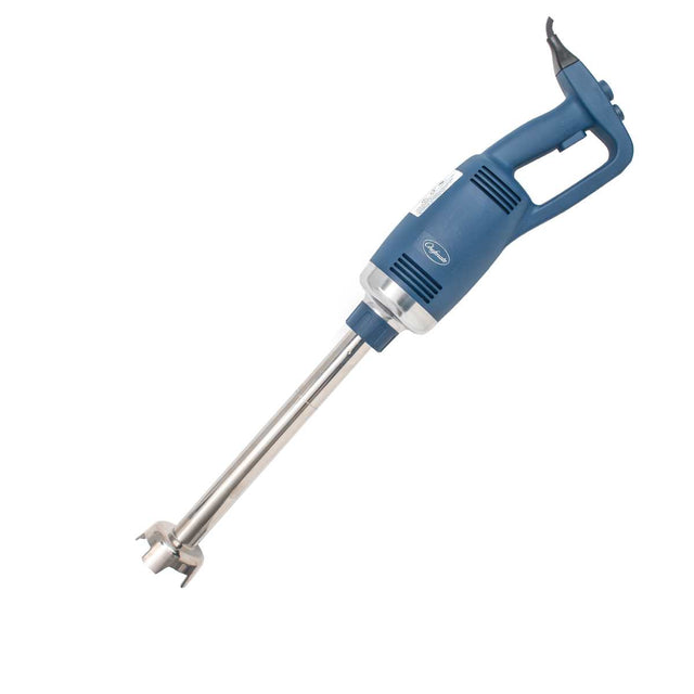 A blue handheld immersion blender with a removable stainless steel shaft, ergonomic handle, trigger switch, variable speed control, and power cord at the back is shown on a white background.