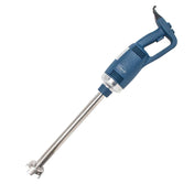A blue variable speed immersion blender with a removable stainless steel shaft and metal blending blade at the end. The handle features a trigger and a hanging loop. The blender is positioned diagonally on a white background.