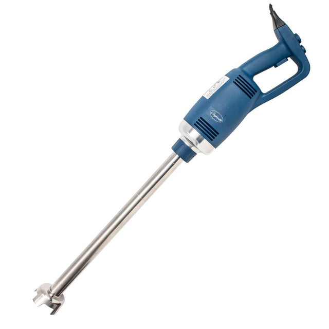A blue and silver Immersion Blender with a removable stainless steel shaft, variable speed control, and a blade guard. The handle features a trigger and a black power cord, positioned diagonally on a white background.