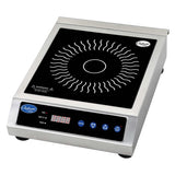 A countertop electric Induction Range with stainless steel construction, featuring a black glass surface with a white circular pattern. The front panel displays labeled buttons, digital display, On/Off button, and the Cadco brand name.