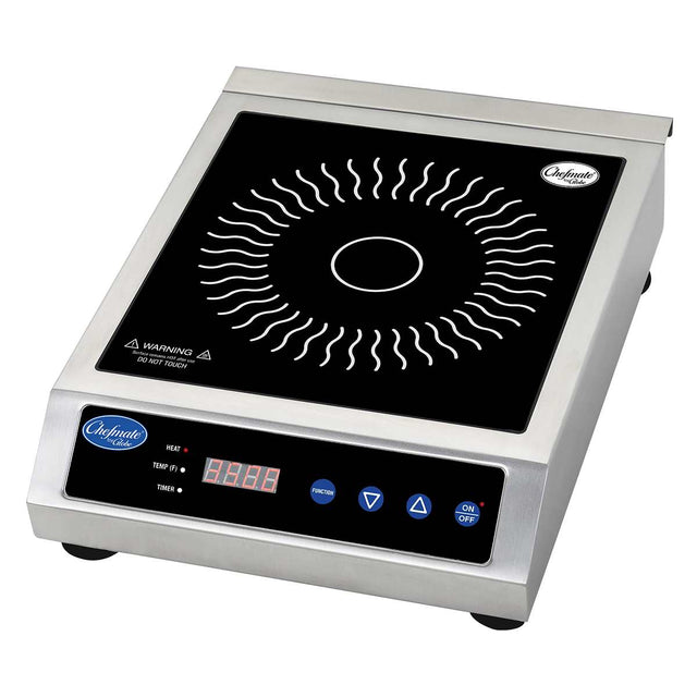 A countertop electric Induction Range with stainless steel construction, featuring a black glass surface with a white circular pattern. The front panel displays labeled buttons, digital display, On/Off button, and the Cadco brand name.