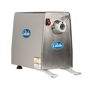 A stainless steel Globe meat chopper with 1 HP Power Drive Unit, cylindrical feed opening, on/off switch, and warning labels. The machine has Globe logos on the side and front, and stands on two sturdy angled legs with rubber feet.