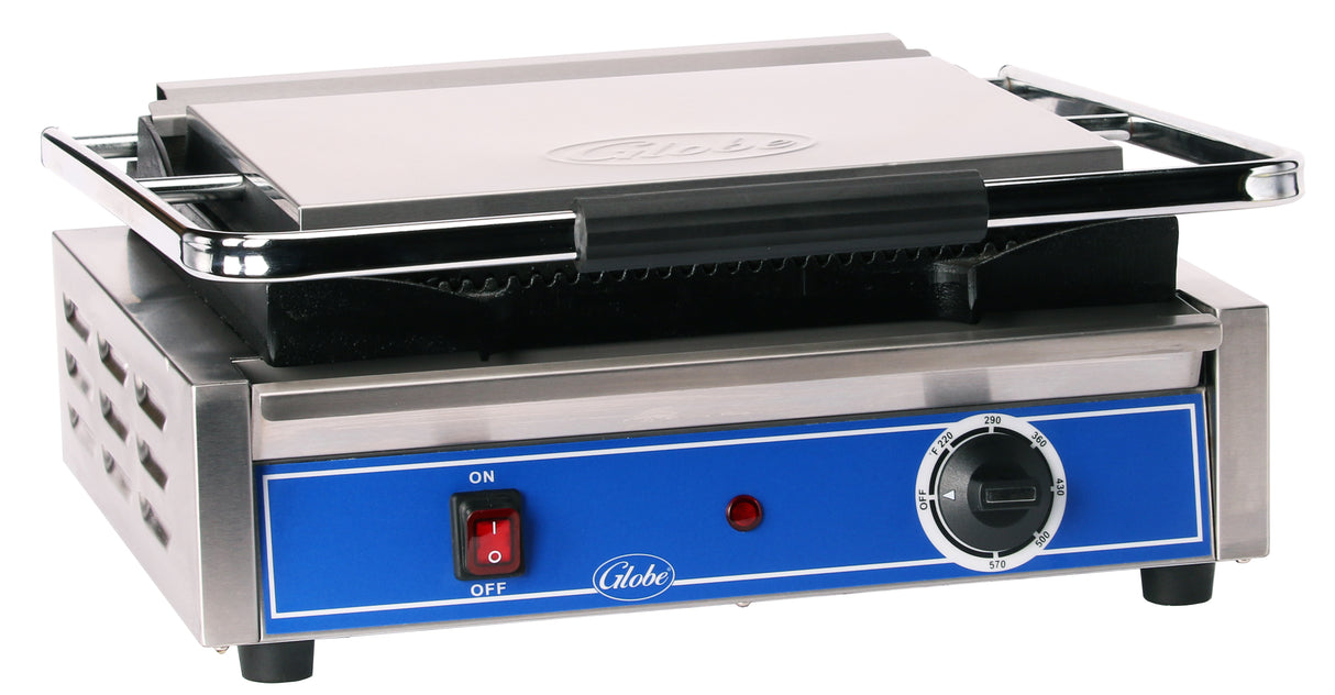 A stainless steel Globe GPG1410 panini grill with a blue control panel, black handle, and ridged cast iron griddle plates. The panel features an on/off switch, red indicator light, and round temperature dial with numbered settings.