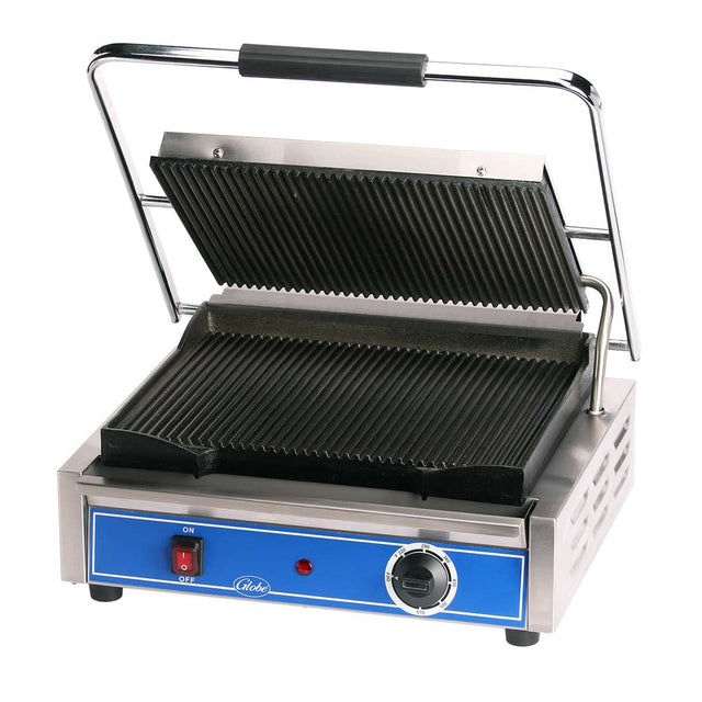 A stainless steel panini grill with a blue control panel, featuring a black ridged grill plate, adjustable temperature dial, red indicator light, and on/off switch. The top lid is open, revealing the ridged interior of the Globe GPG1410 for grilling sandwiches.
