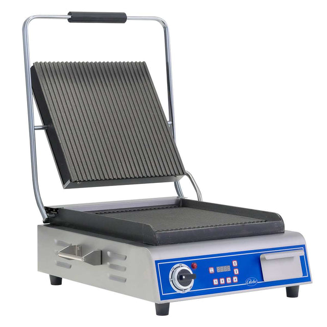 A commercial countertop electric grill with a ribbed top and bottom plate, stainless steel body, control knob, digital display, indicator lights, and a handle for lifting the raised top plate—perfect as a reliable panini grill for your kitchen.