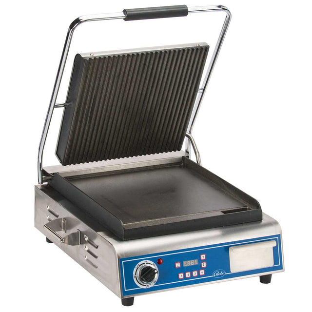 A stainless steel sandwich panini grill with a ridged, open top plate and flat cast iron cooking surface below. The blue control panel features a temperature dial, indicator lights, timer buttons, and a front digital display.