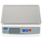 A digital kitchen scale with a stainless steel weighing platform, large LCD screen, and control buttons labeled UNITS, TARE/ZERO, and ON/OFF. The Globe GPS10-8 portion control scale displays the Chefsuite brand and model GPS10 on the front panel.
