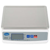 A digital weighing scale with a flat, rectangular stainless steel platform, digital display, and buttons labeled “TARE,” “ZERO,” “UNITS,” and “ON/OFF.” This white and grey Chefmate portion control scale is branded GPS10.