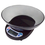 A black, oval-shaped digital food scale with a clear plastic bowl and digital display reading “0.00.” This kitchen portion control scale features power and unit buttons below the screen, perfect for precise ingredient measurements.
