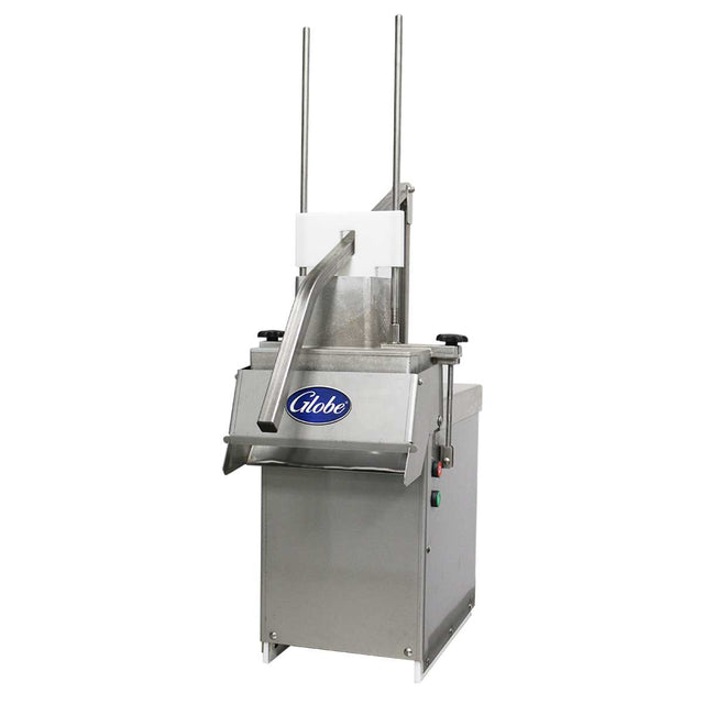 A commercial-grade food slicer with a stainless steel body, vertical guide rods, a large handle, and a slanted chute. Ideal as a high volume cheese shredder, it features the Globe logo upfront and control buttons on the right side.