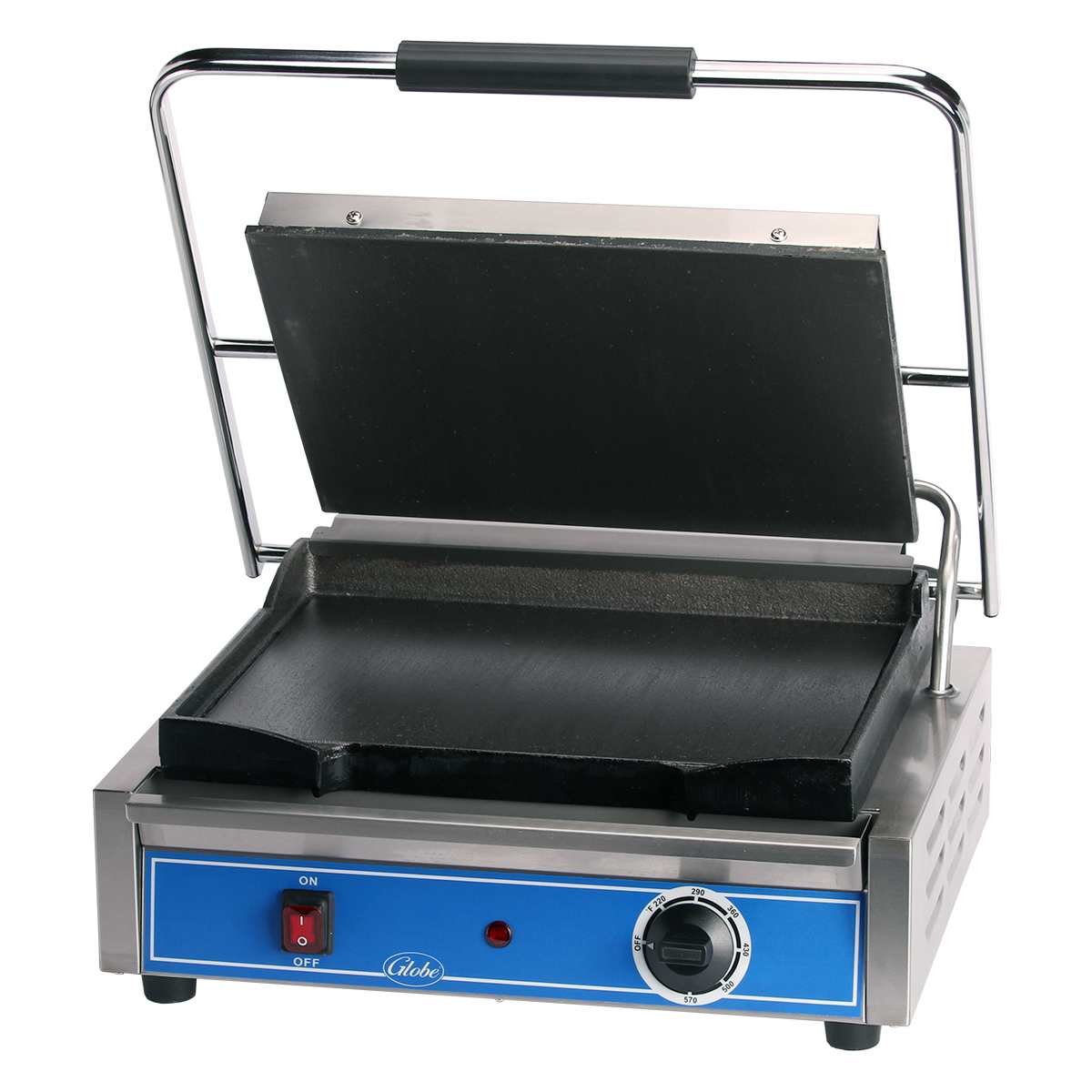 A commercial sandwich grill with a stainless steel exterior, black nonstick grill plates, and a handle. The hinged top plate is open, revealing the blue control panel with an ON/OFF switch and temperature dial. The press sits on black feet.