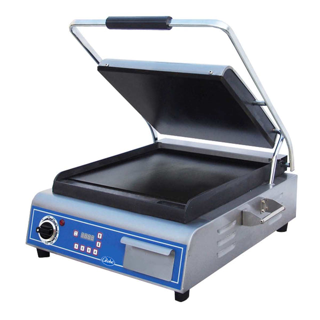 A commercial panini grill with a blue control panel, temperature dial, digital display, and buttons. The large non-stick cooking surface and hinged top plate make this countertop electric grill ideal for pressing sandwiches or grilling food.