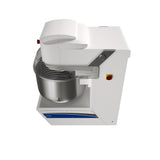 A commercial Spiral Dough Mixer with a 130 lbs. capacity features a large stainless steel bowl, protective metal guard, and side control buttons. Shown from an elevated angle, the modern machine boasts blue accents on a white background.