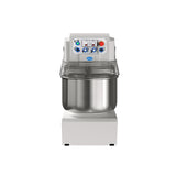 A commercial Spiral Dough Mixer with a large 130 lbs. capacity stainless steel bowl, white body, metal safety guard, and control panel with buttons, dials, and timers is shown on a plain white background, facing forward.