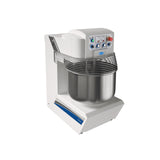 A Spiral Dough Mixer with a 130 lbs. capacity, featuring a stainless steel bowl, metal safety guard, and a blue and white control panel. Ideal for bakery or industrial use, the machine’s sturdy build ensures efficient mixing on a large scale.