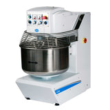 A large Spiral Dough Mixer with a 130 lbs. capacity features a stainless steel bowl, protective wire guard, and a control panel with various buttons and dials. The mostly white machine has blue accents and displays the brand logo on the front.