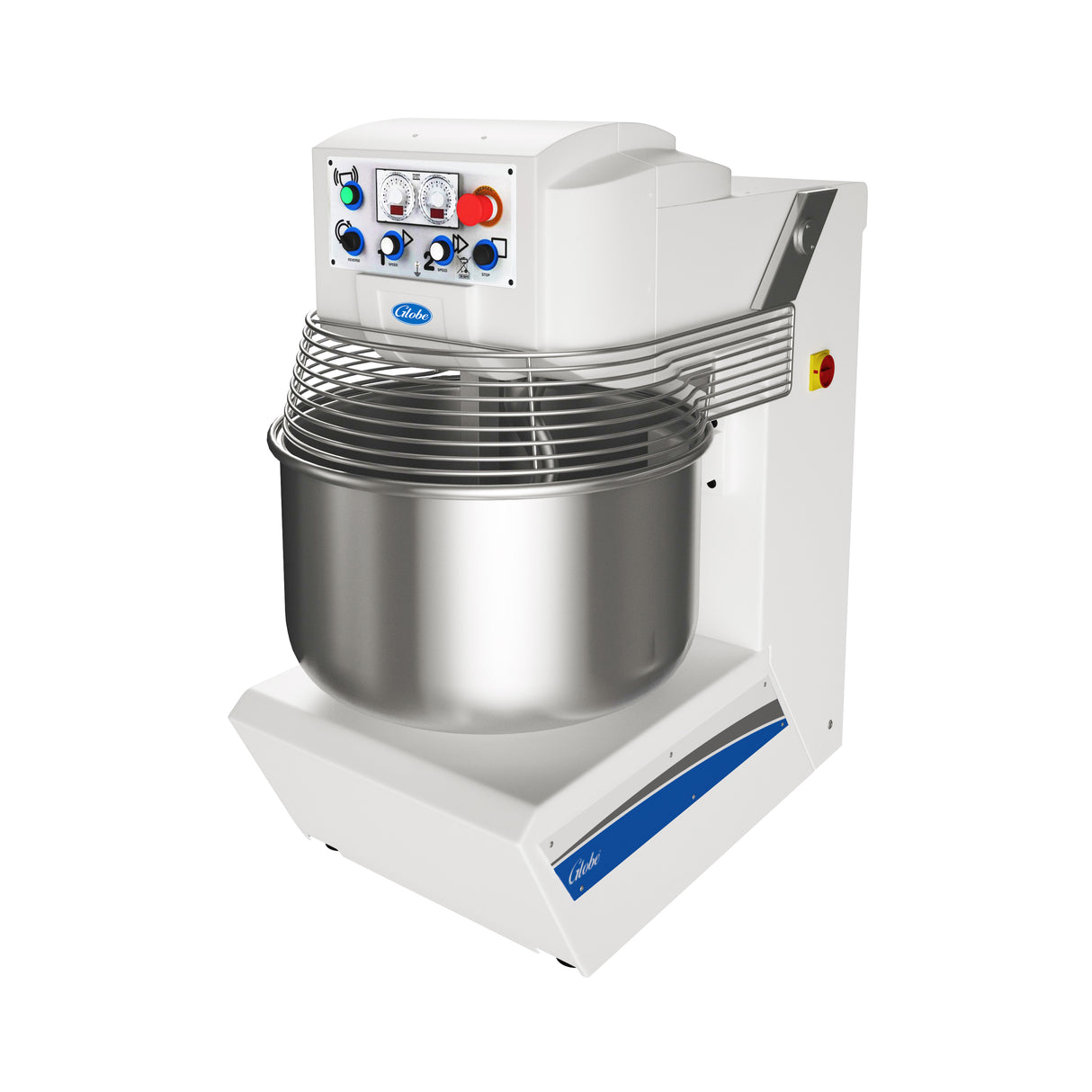 A large white Spiral dough mixer with a stainless steel bowl, protective wire guard, and a control panel featuring knobs, buttons, and indicator lights; the brand label “Ortil” is visible on the front. This model offers a 175 lbs. capacity.