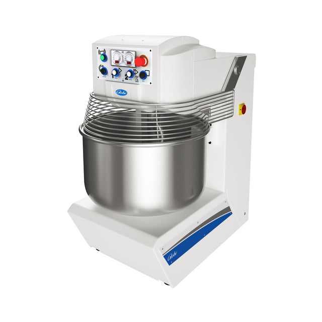 A large white Spiral dough mixer with a stainless steel bowl, protective wire guard, and a control panel featuring knobs, buttons, and indicator lights; the brand label “Ortil” is visible on the front. This model offers a 175 lbs. capacity.