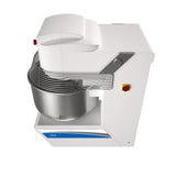 Commercial spiral dough mixer with a large 175 lbs. capacity stainless steel mixing bowl, protective metal guard, and white rectangular body. The mixer has control buttons on the side and a blue accent near the base. Viewed from above on a white background.