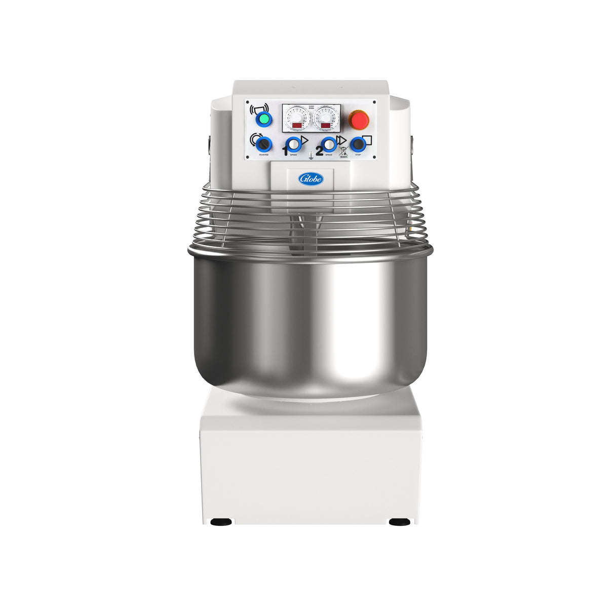 A large spiral dough mixer with a 175 lbs. capacity features a stainless steel bowl, protective wire guard, and a white control panel with buttons, dials, and indicator lights, all set against a plain white background.