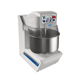 A commercial-grade spiral dough mixer with a large 175 lbs. capacity stainless steel bowl, protective wire guard, and a control panel featuring buttons, switches, and dials. The white mixer has blue branding and an angled design, set against a plain white background.