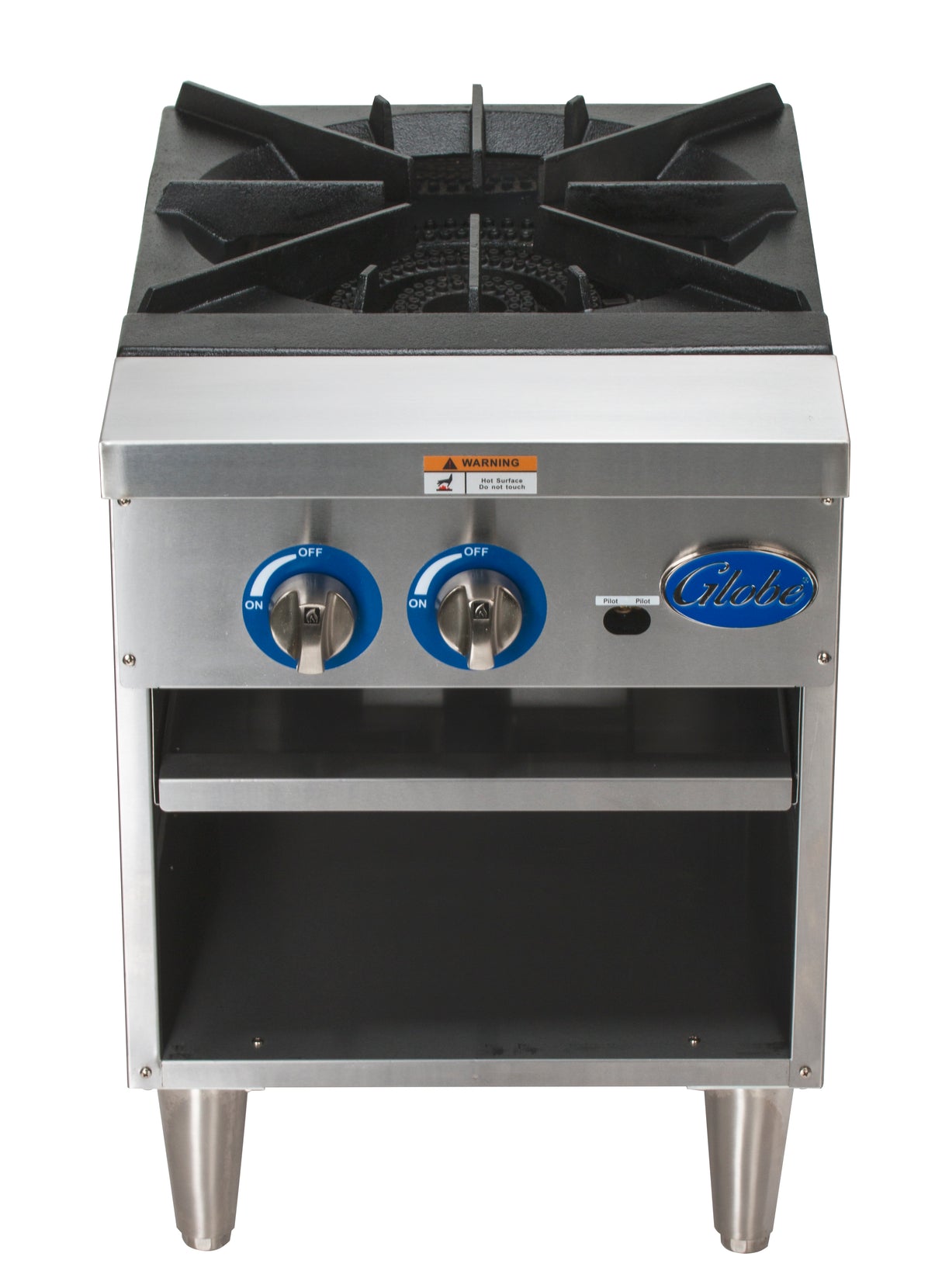 A stainless steel commercial countertop gas stock pot range with two burner knobs, sturdy black cast iron grates, four short legs, a shelf below the controls, and a blue “Globe GSP18G” logo on the right side of the front panel.