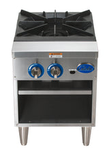 A stainless steel commercial countertop gas stock pot range with two burner knobs, sturdy black cast iron grates, four short legs, a shelf below the controls, and a blue “Globe GSP18G” logo on the right side of the front panel.