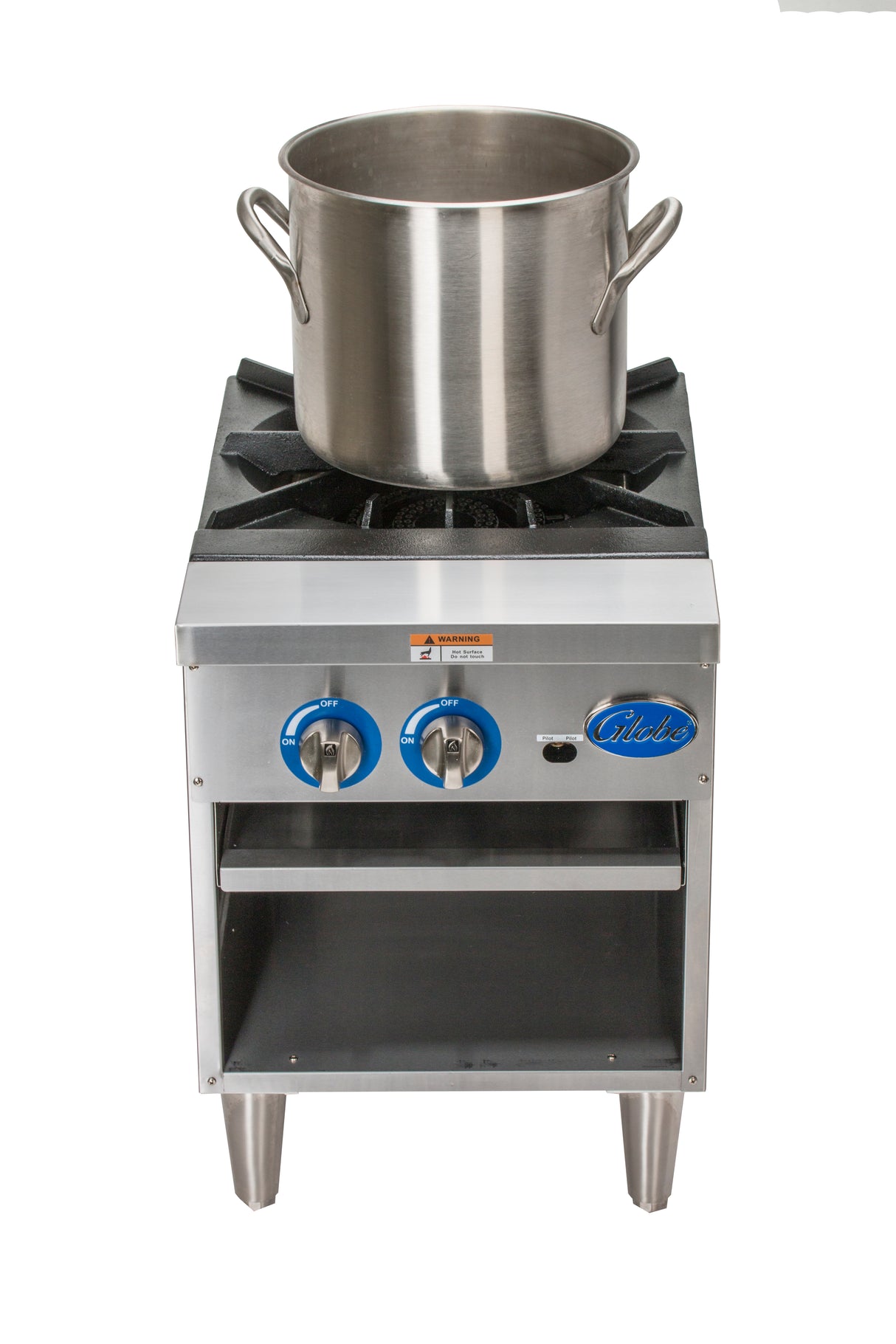 A large stainless steel stock pot sits atop a Globe GSP18G gas stock pot range with two blue control knobs, black grates, metallic legs, and an open shelf beneath—all set against a white background.